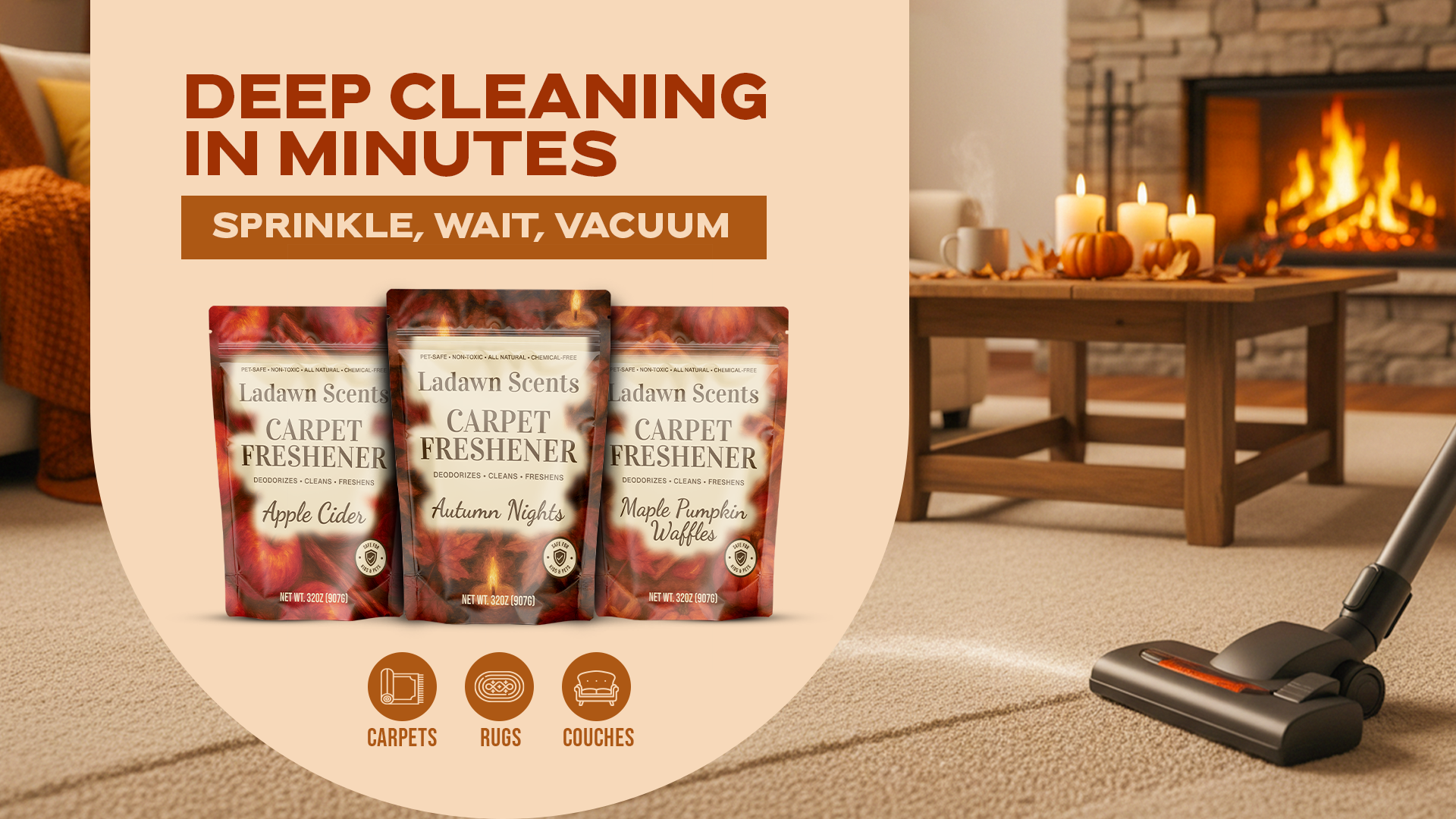Laden Scents carpet freshener packages with a vacuum cleaner in a living room setting.